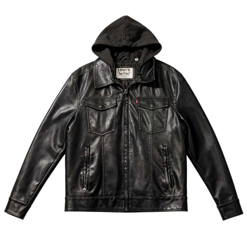 Levi's Faux Leather Trucker Jacket Coat Men's XL Dark Brown Hooded Utility Vtg